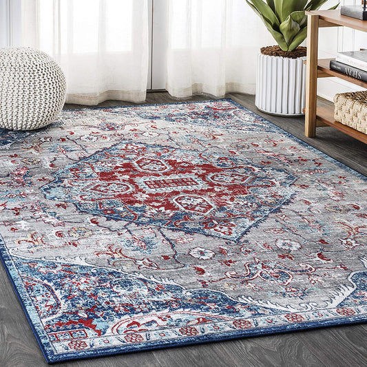 Modern Persian Vintage Medallion Red/Navy Soft Area Rug