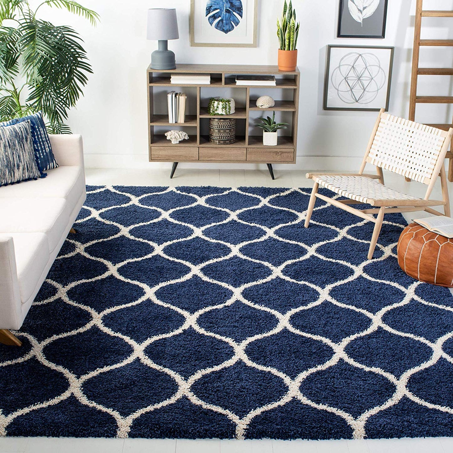 Moroccan Pattern Navy Ivory Plush Shag Area Rug