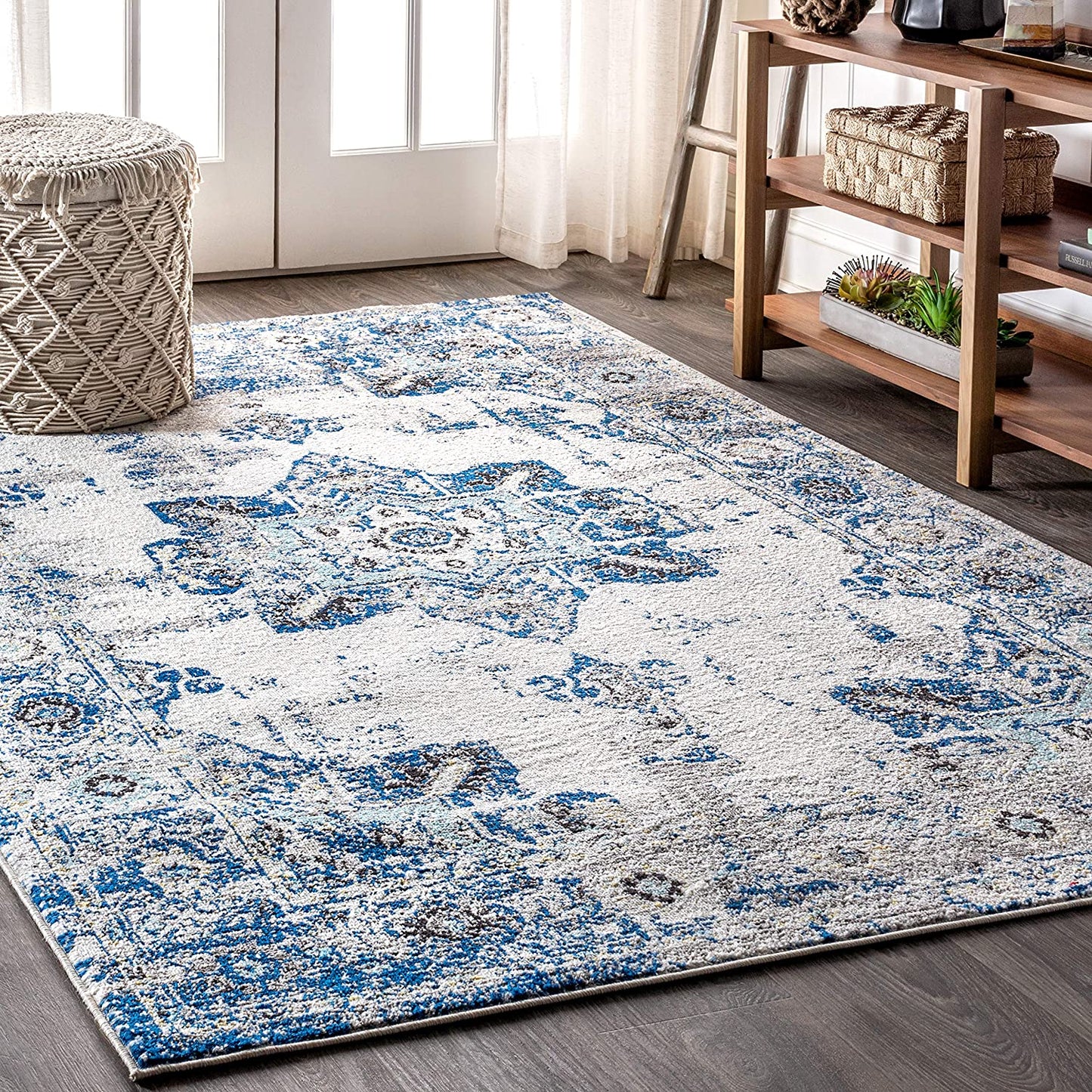 Modern Persian Boho Vintage Medallion Cream/Blue Soft Area Rug