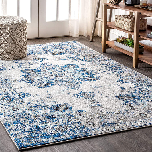 Modern Persian Boho Vintage Medallion Cream/Blue Soft Area Rug