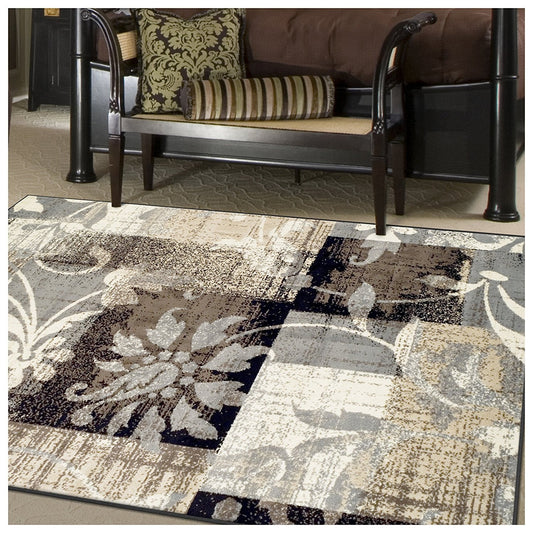 Floral Patchwork Design Brown Ivory Area Rug