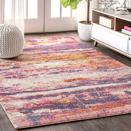 Modern Abstract Brushstroke Pink/Cream Soft Rug