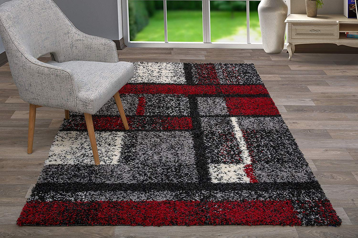 Geometric Pattern Red Gray Cozy Shag Area Rugs