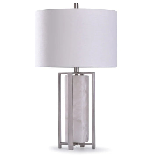 StyleCraft Abyaz Marble and Steel Open Square Framed Marble Table Lamp with White Drum Shade