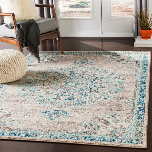 Vintage Medallion Light Gray Teal Beige Area Rug
