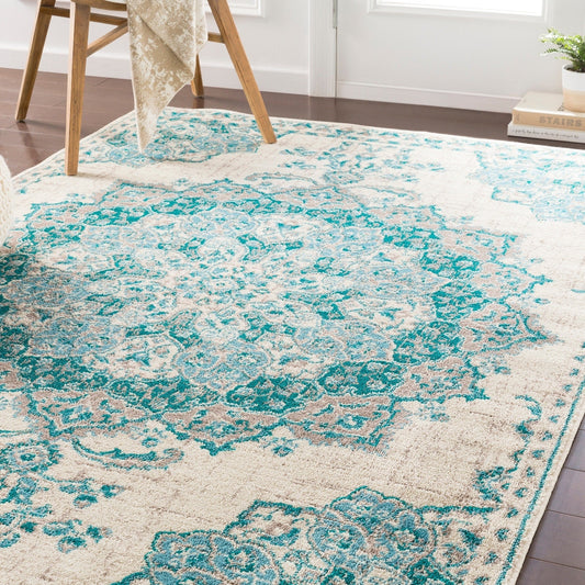 Traditional Medallion Teal Aqua Gray Area Rug