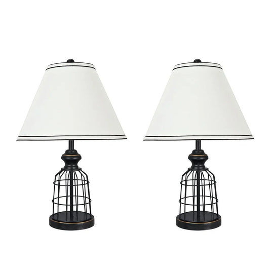 Aspen Creative Two Pack Set - 22" High Metal Wire Table Lamp, Matte Black Finish and Empire Lamp Shade in Off White, 14" Wide