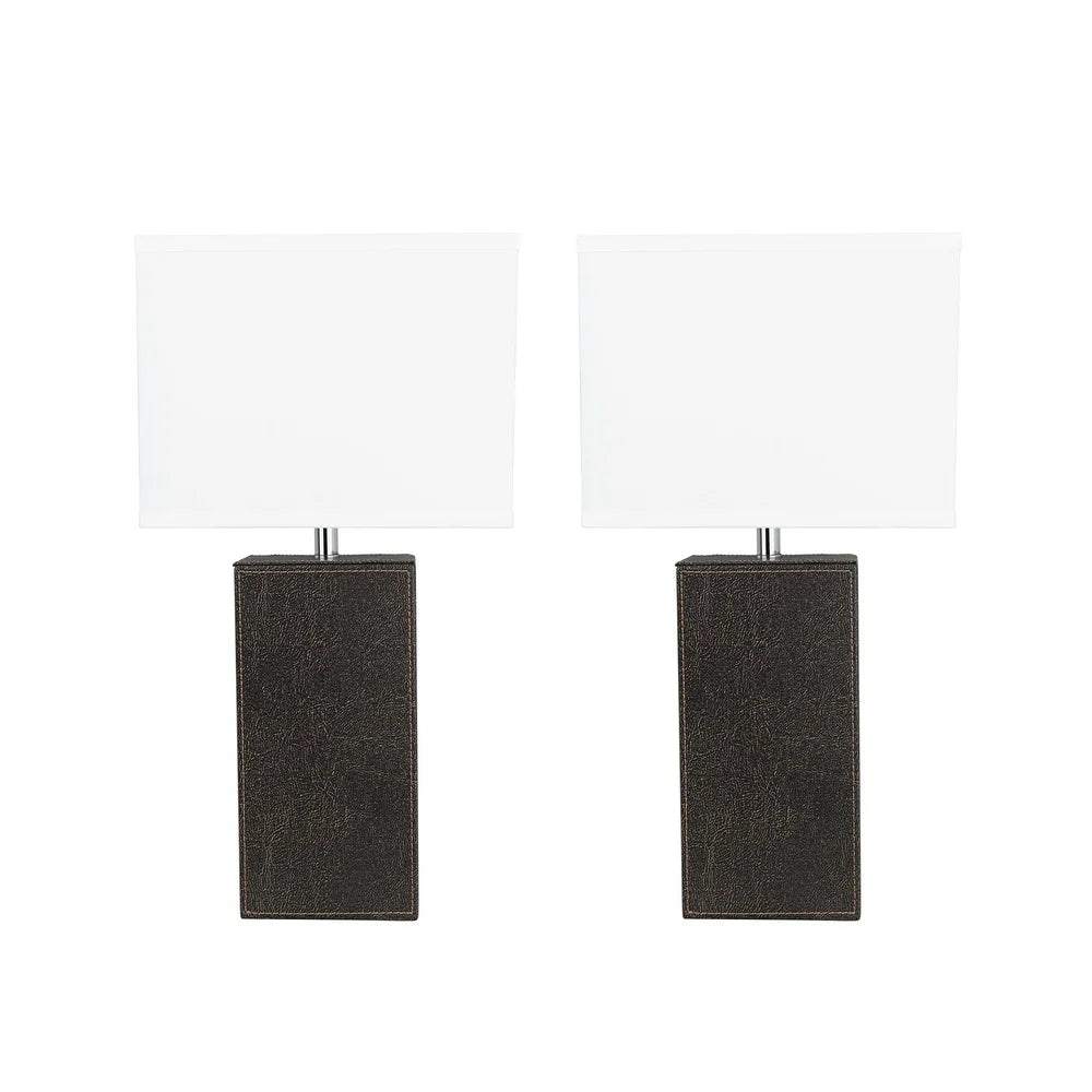 Aspen Creative Two Pack Set 21-1/4" High Brown Faux Leather Table lamp and Hardback Rectangular Shaped Lamp Shade Off White