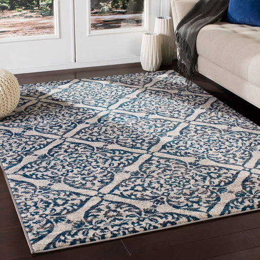 Transitional Floral Trellis Navy Blue Gray Ivory Area Rug