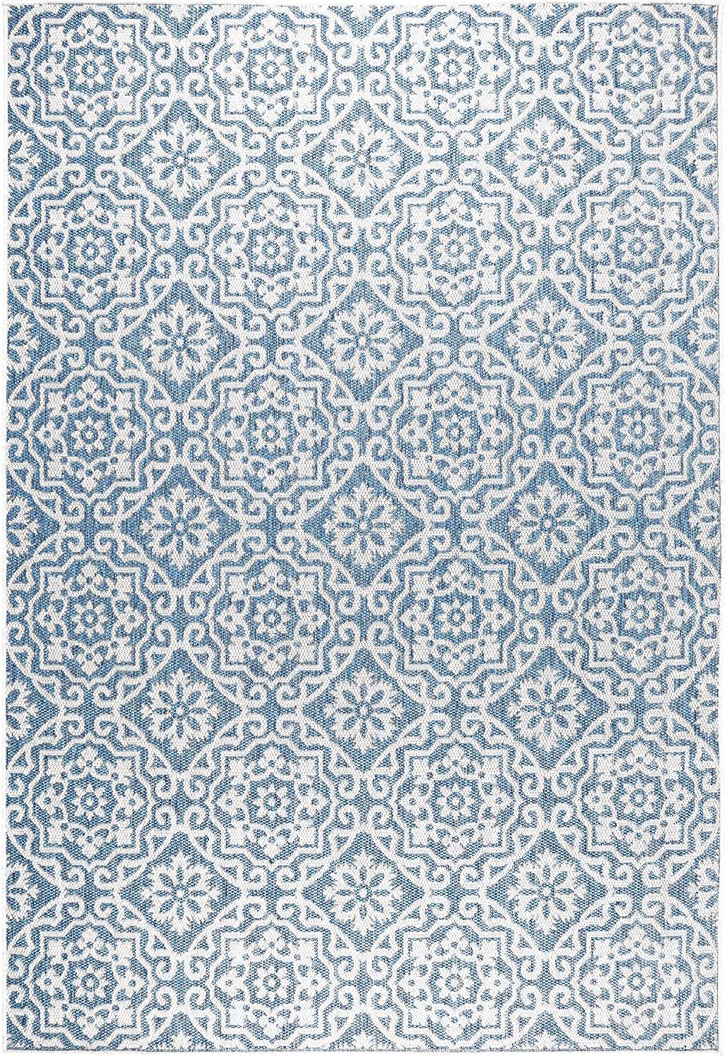 Damask Pattern Blue Grey Indoor/Outdoor Area Rug - UV/Weather Resistant