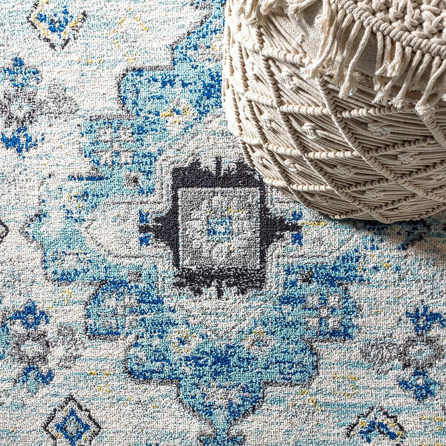 Modern Persian Boho Vintage Medallion Cream/Blue Soft Area Rug