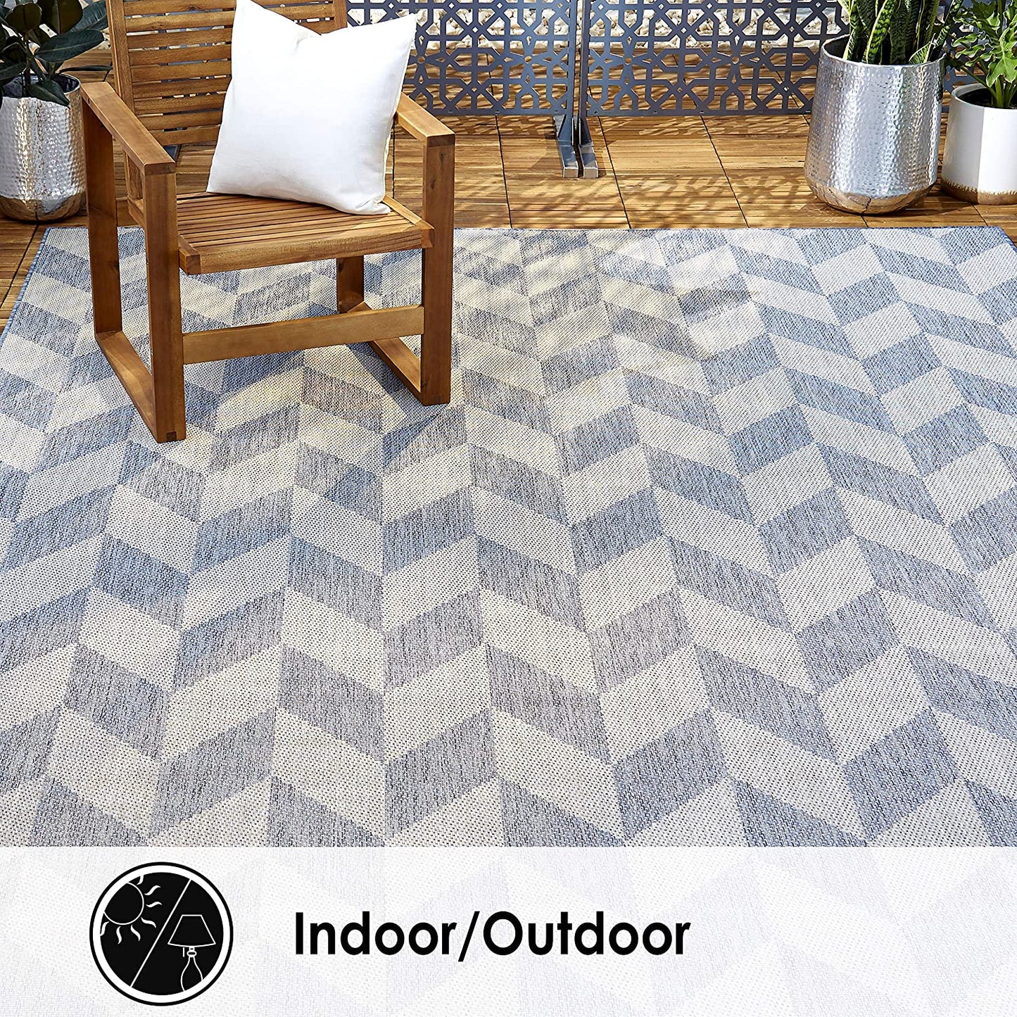 Geometric Blue Grey Indoor/Outdoor Area Rug - UV/Weather Resistant