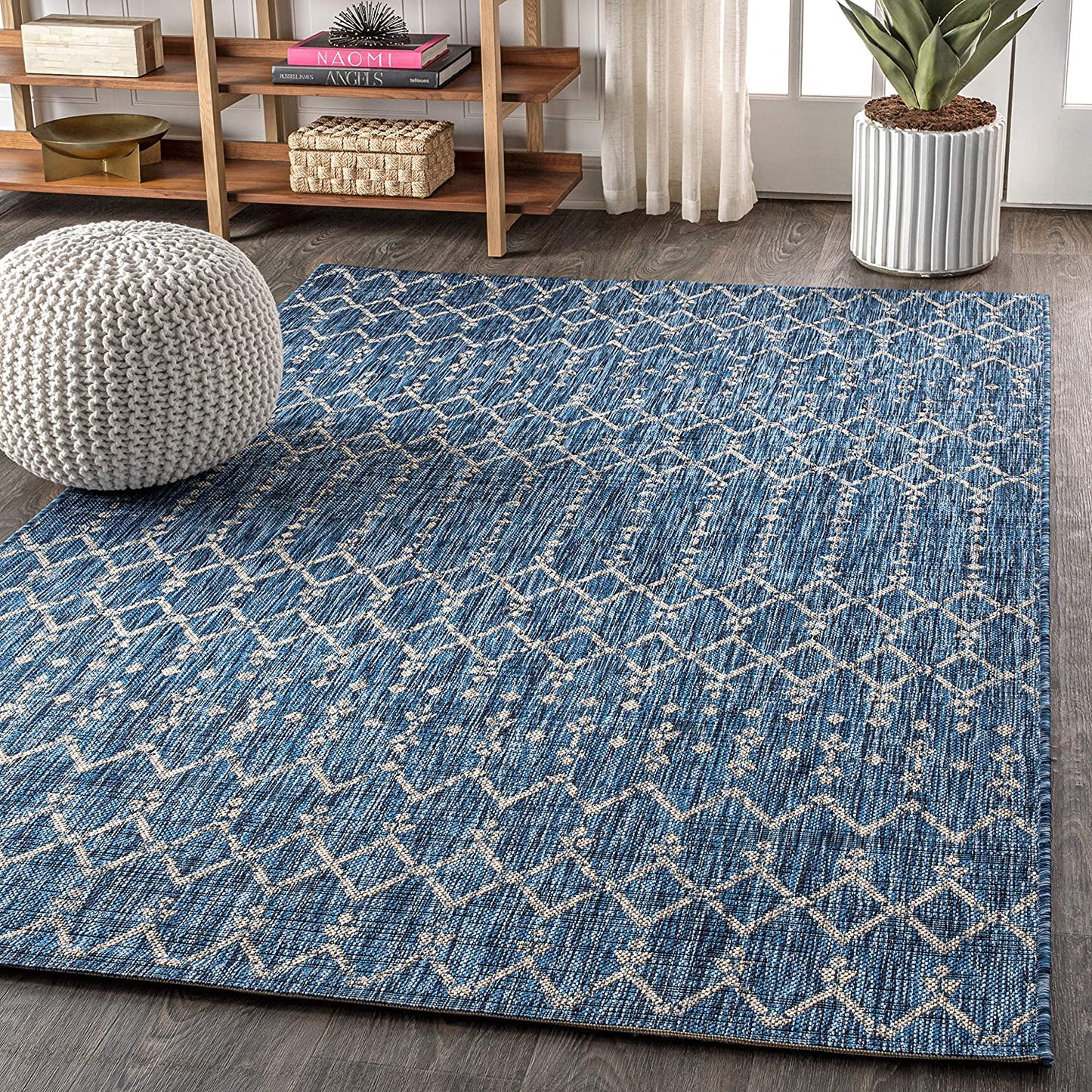 Moroccan Geometric Textured Weave Indoor/Outdoor Navy/ Gray Area Rug