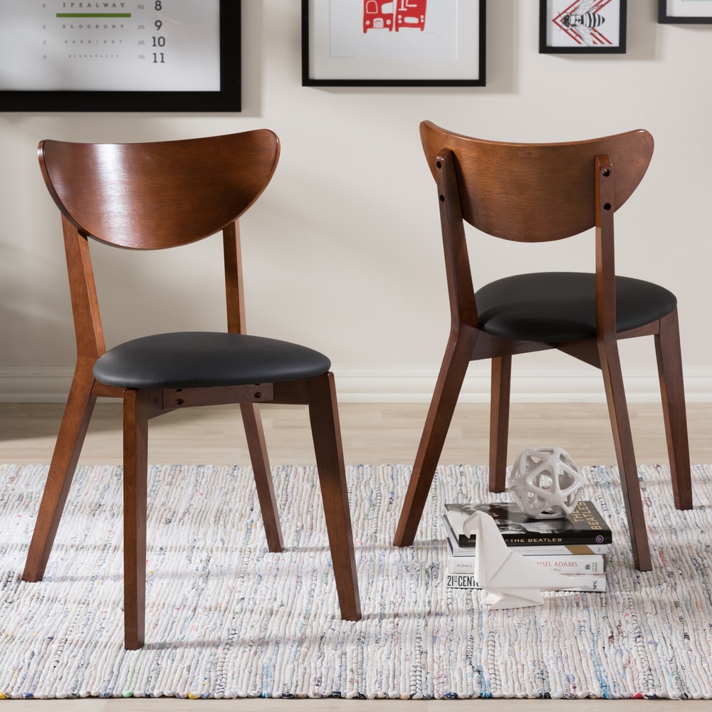 Baxton Studio Haides Mid-Century Walnut Brown and Black Faux Leather Dining Chairs- Set of 2