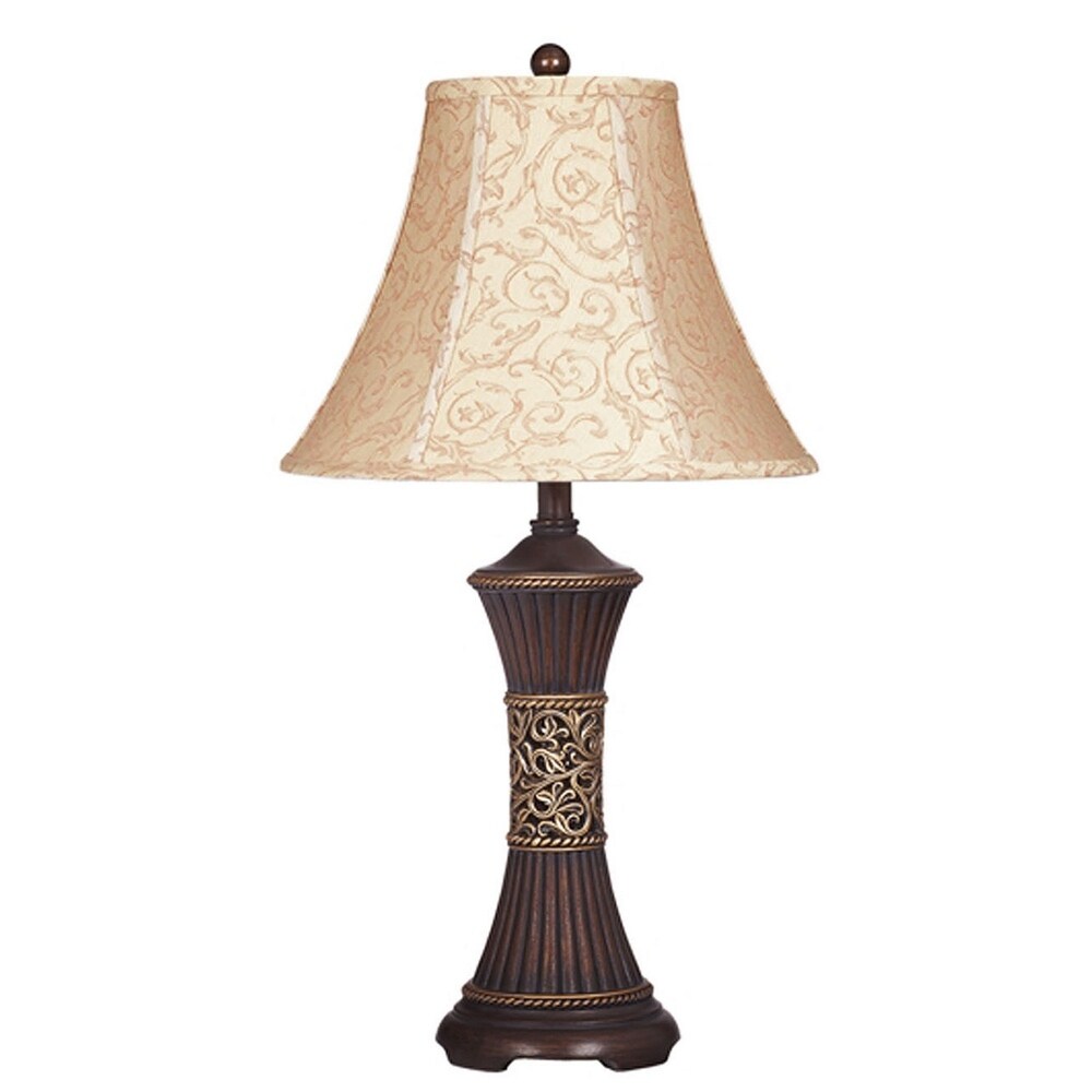 Bell Shape Fabric Shade Table Lamp with Ribbed Base, Set of 2, Beige and Black