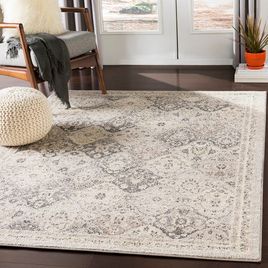 Traditional Medallion Light Grey Beige White Area Rug