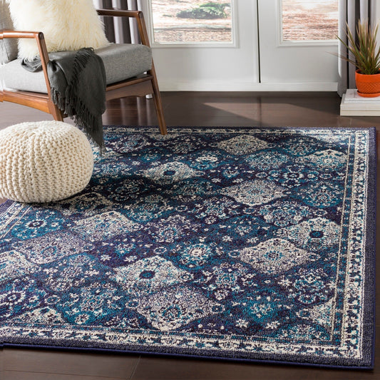Traditional Medallion Navy Teal Grey Beige Area Rug
