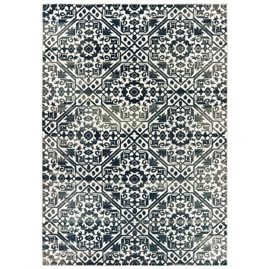 Brown Floral Tribal Lattice Navy/ Ivory Soft Area Rug