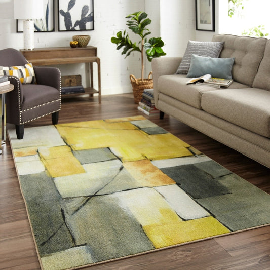 Home Painted Geo Area Rug - Grey/Yellow