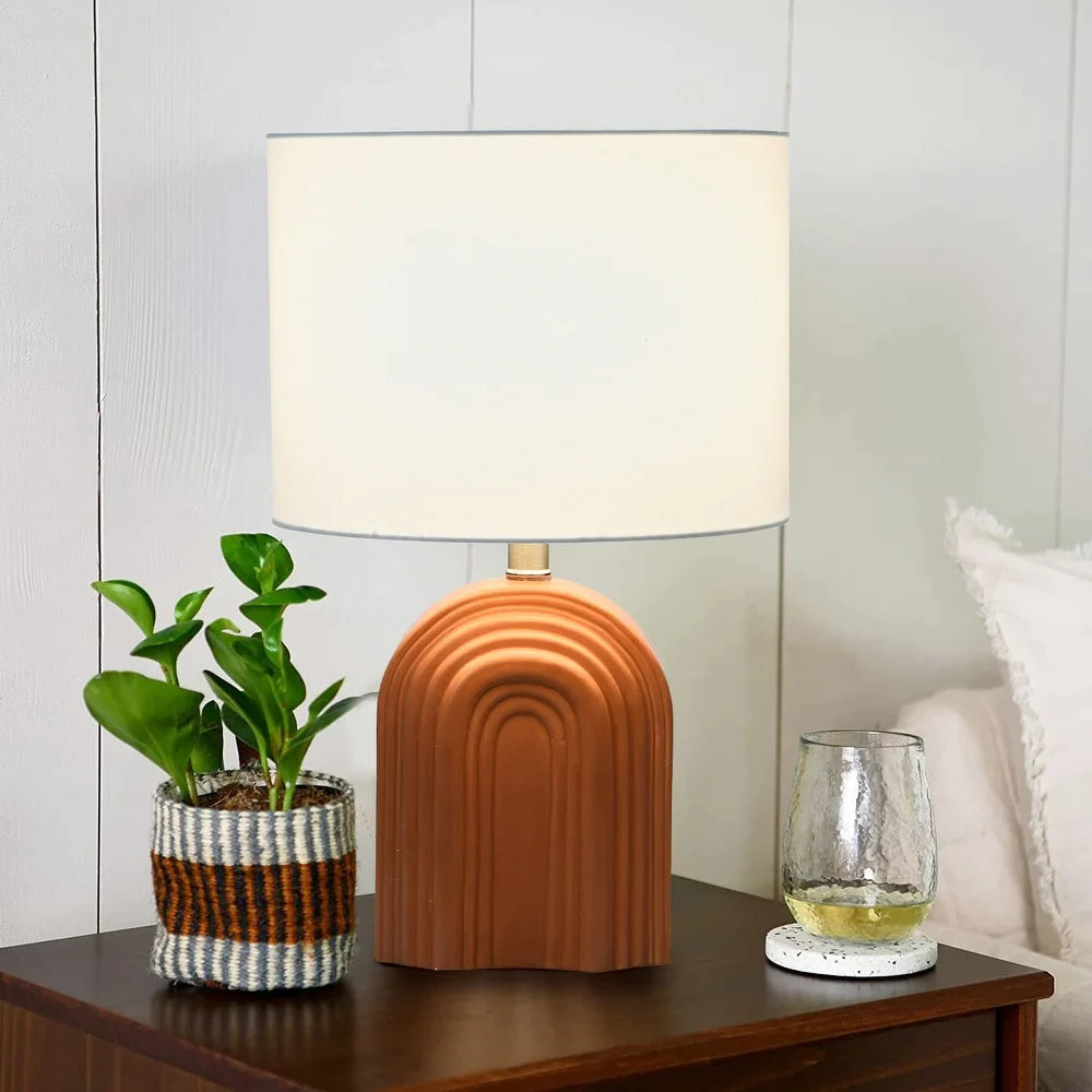 Carved Arch Stoneware Table Lamp with Linen Drum Shade