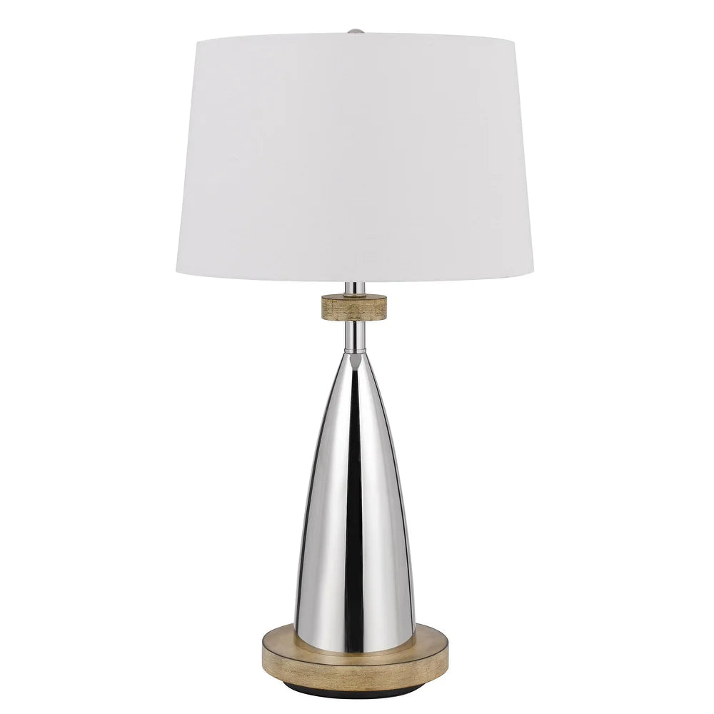 Charlie 31 Inch Modern Table Lamp, Drum Shade, Glossy Chrome, White, Brown