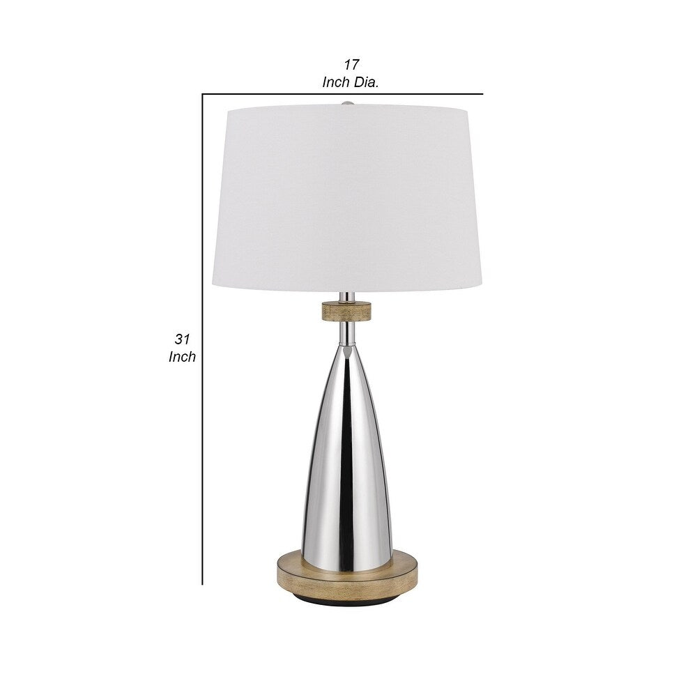Charlie 31 Inch Modern Table Lamp, Drum Shade, Glossy Chrome, White, Brown