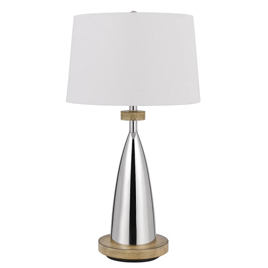 Charlie 31 Inch Modern Table Lamp, Drum Shade, Glossy Chrome, White, Brown