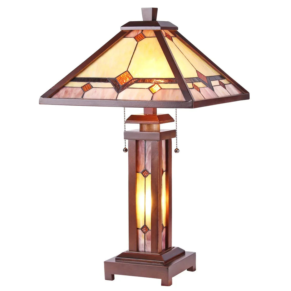 Tiffany Style Mission Design Double Lit 2+1-light Dark Walnut Table Lamp