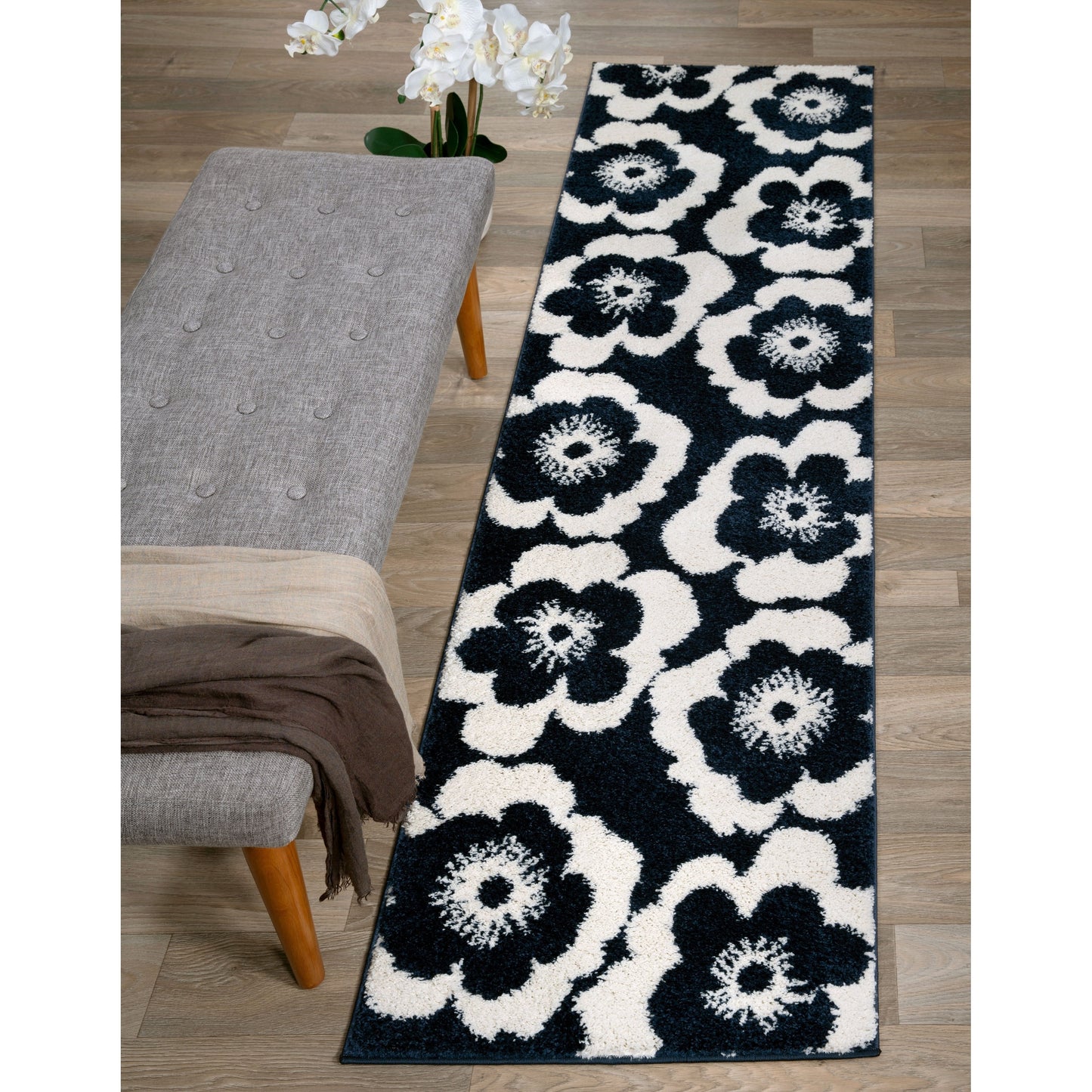 Floral Navy Ivory Soft Shag Area Rug