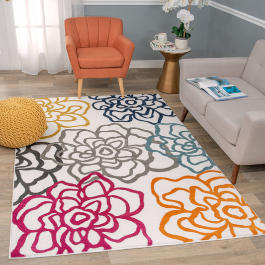 Floral White Multi-Color Area Rug