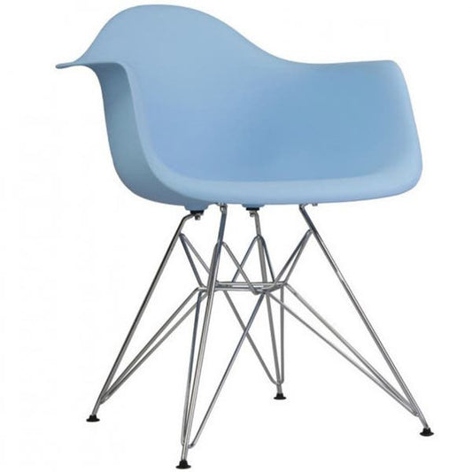Contemporary Retro Molded Style Blue Accent Plastic Dining Armchair with Steel Eiffel Legs