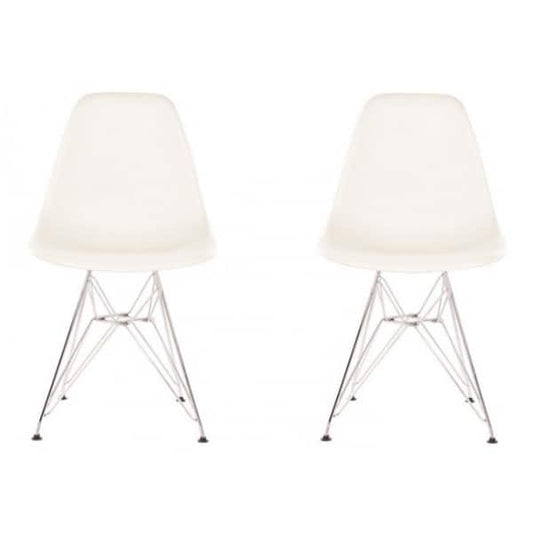 Contemporary Retro Molded White Accent Plastic Dining Shell Chairs with Steel Eiffel Legs (Set of 2)