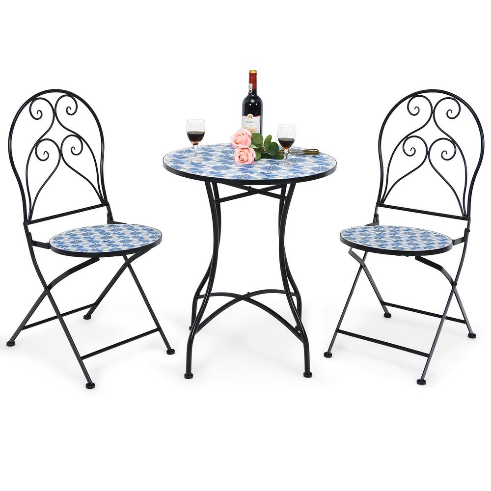 Costway 2PCS Patio Folding Mosaic Bistro Chairs Blue Flower Pattern - See Details