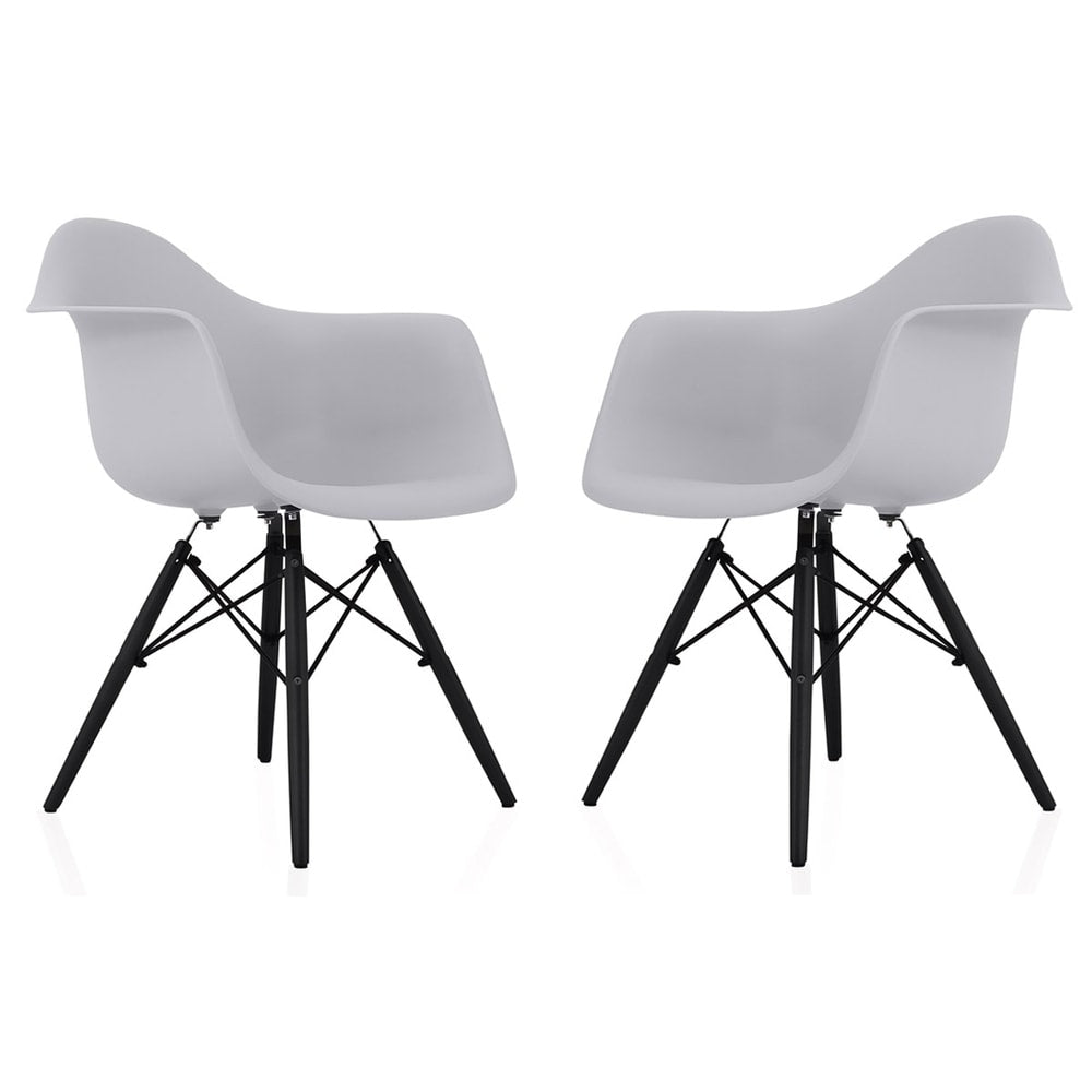 CozyBlock Scandinavian Light Grey Molded Plastic Dining Arm Chair with Black Wood Eiffel Legs (Set of 2)