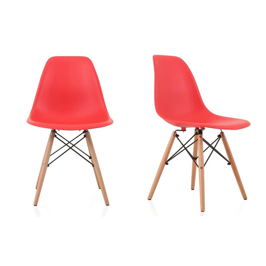 CozyBlock Set of 2 Molded Red Plastic Dining Shell Chair with Beech Wood Eiffel Legs