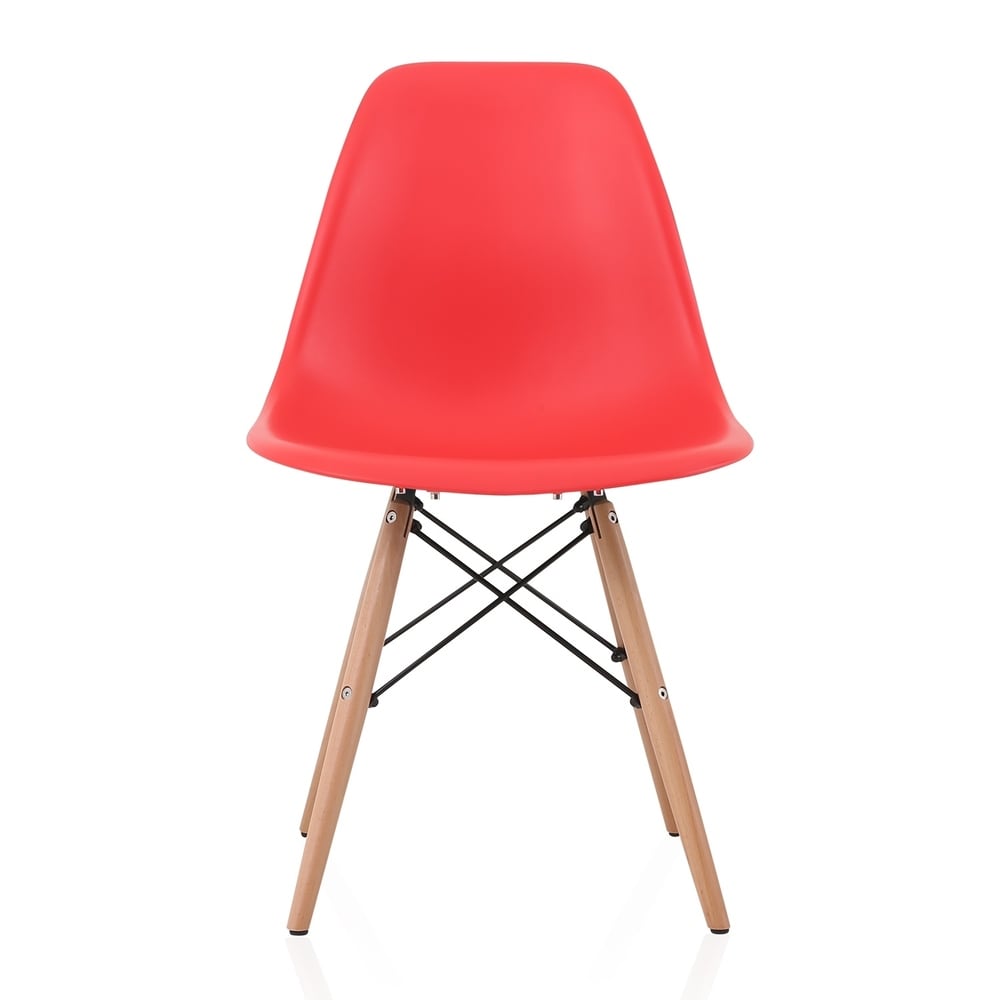 CozyBlock Set of 2 Molded Red Plastic Dining Shell Chair with Beech Wood Eiffel Legs
