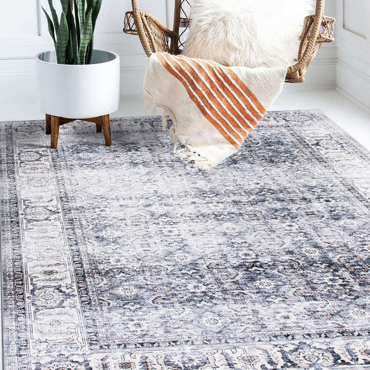 Distressed Transitional Border Machine Washable Area Rug