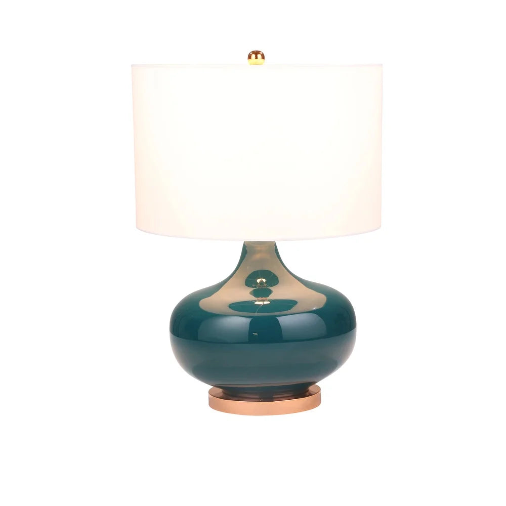 Drum Fabric Shade Table Lamp with Glass Bellied Shape Support, Green