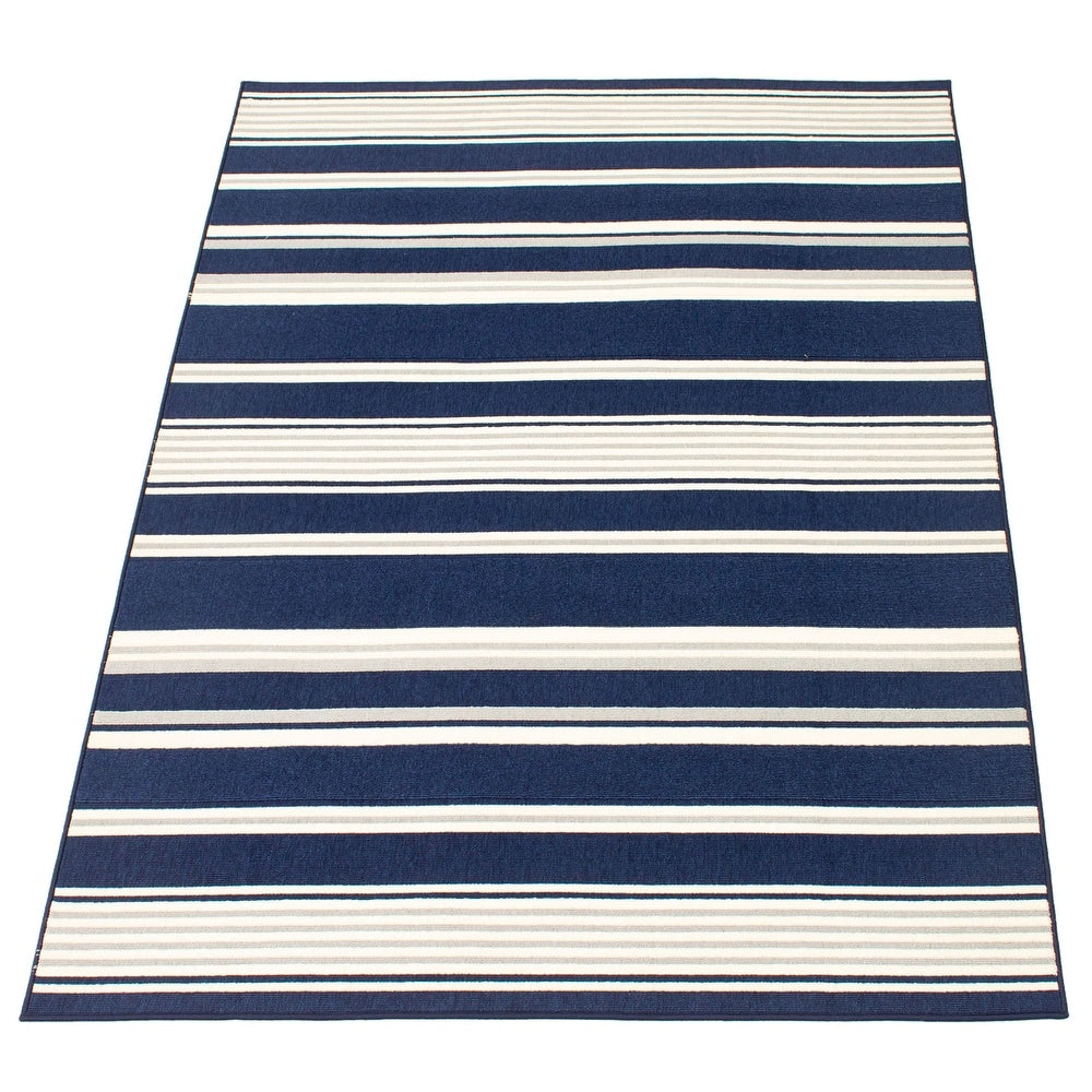 Indoor/ Outdoor Ivory Blue Nsvy Stripes Soft  Rug