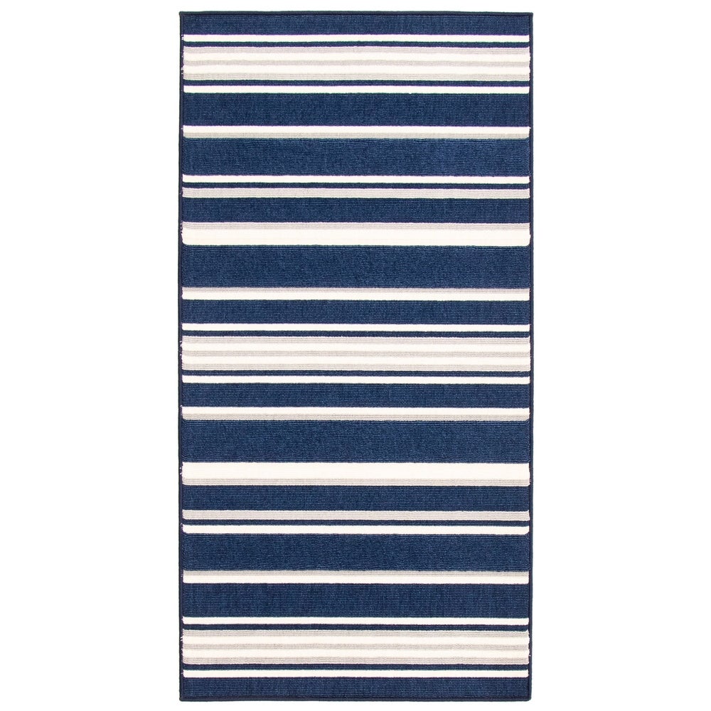 Indoor/ Outdoor Ivory Blue Nsvy Stripes Soft  Rug