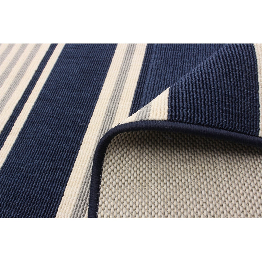 Indoor/ Outdoor Ivory Blue Nsvy Stripes Soft  Rug