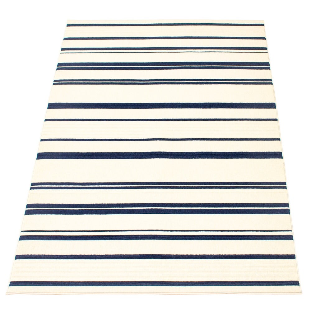 Indoor/ Outdoor Ivory Blue Nsvy Stripes Soft  Rug