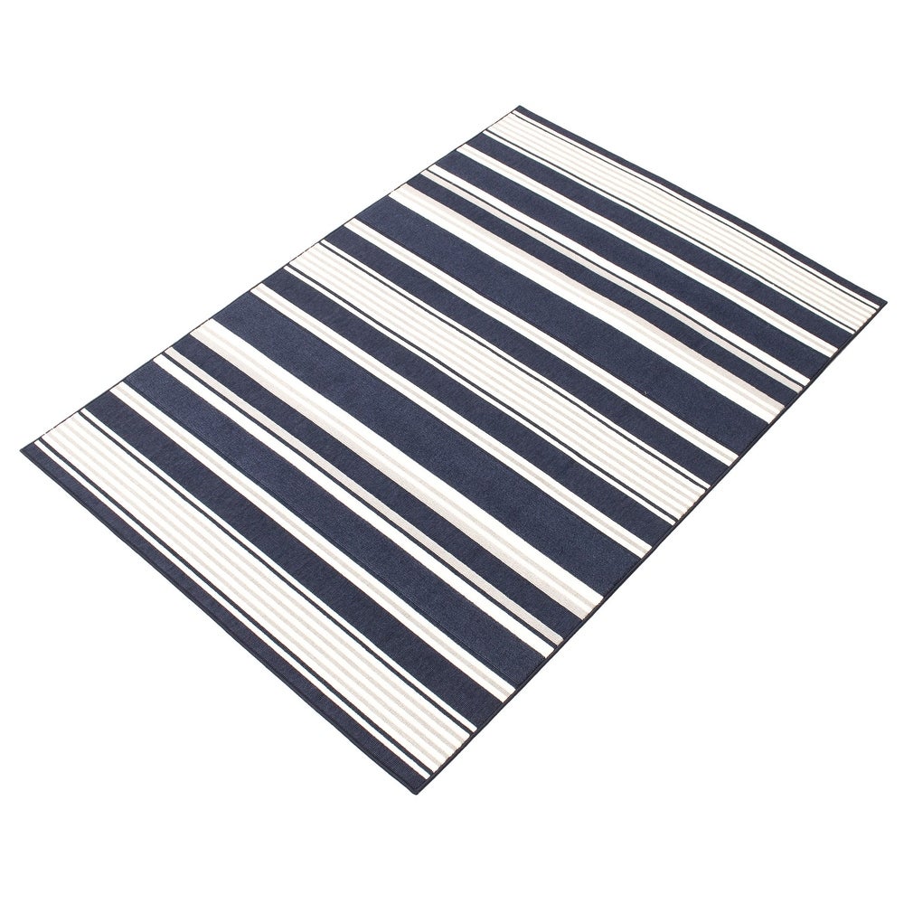 Indoor/ Outdoor Ivory Blue Nsvy Stripes Soft  Rug