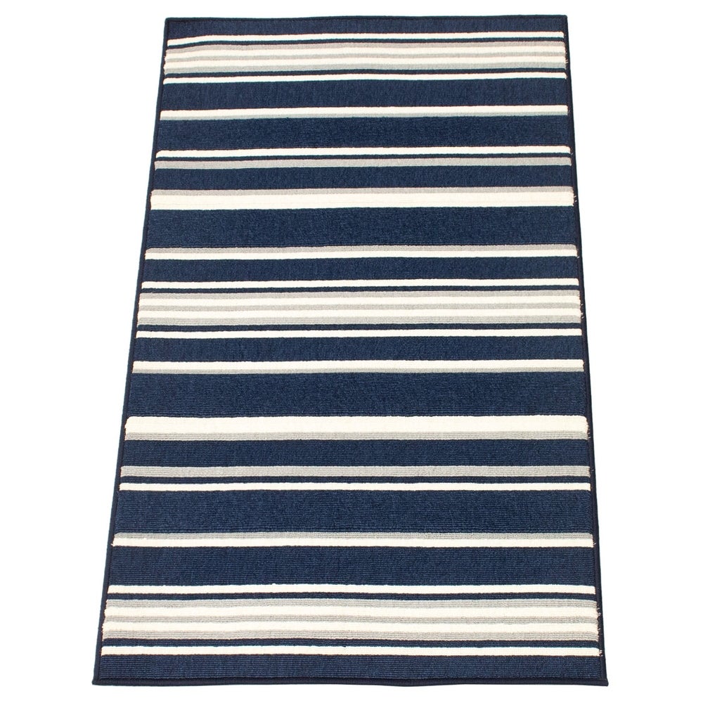 Indoor/ Outdoor Ivory Blue Nsvy Stripes Soft  Rug