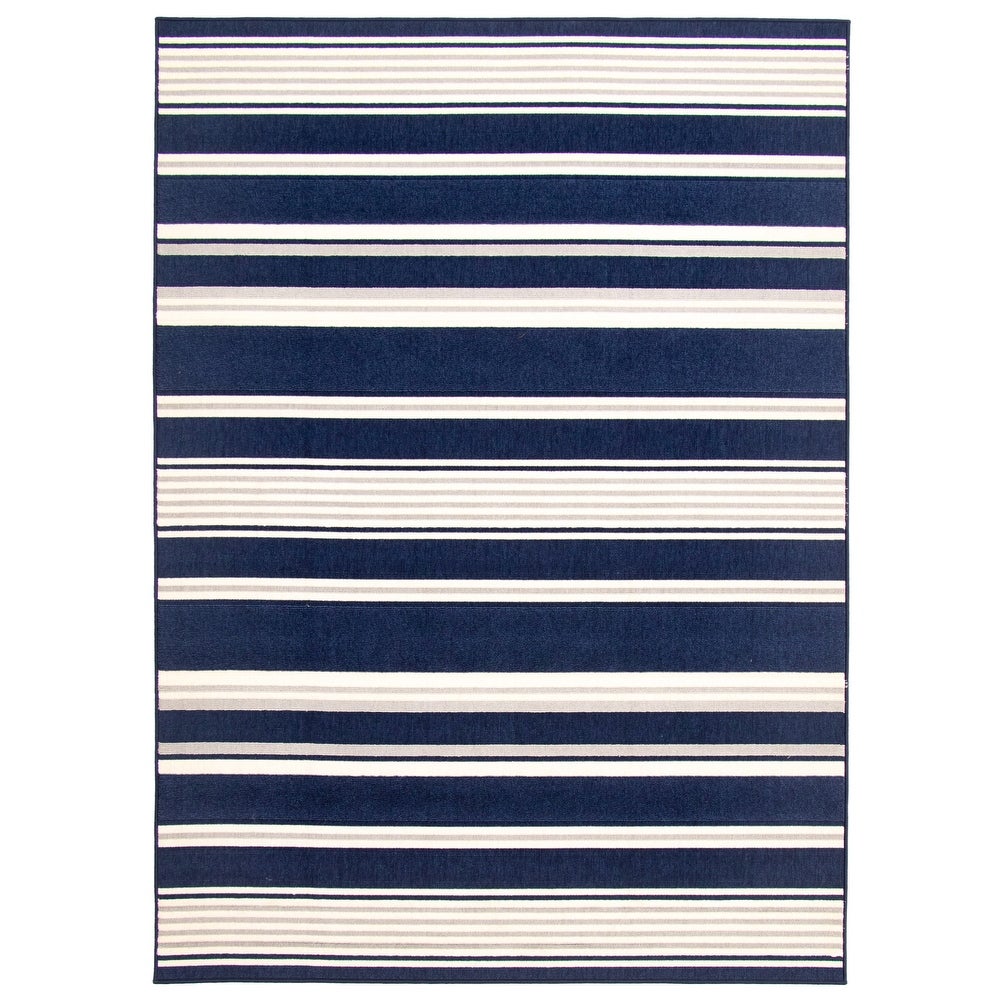 Indoor/ Outdoor Ivory Blue Nsvy Stripes Soft  Rug