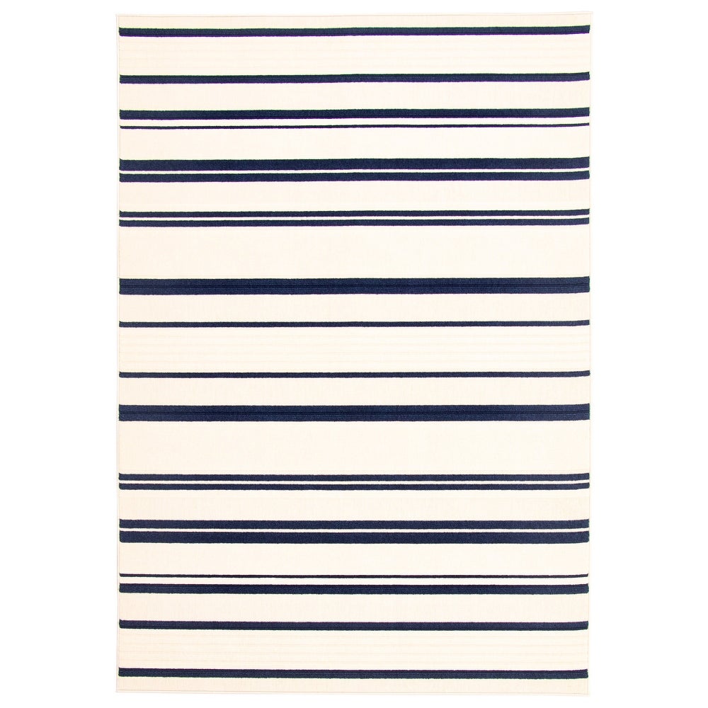 Indoor/ Outdoor Ivory Blue Nsvy Stripes Soft  Rug