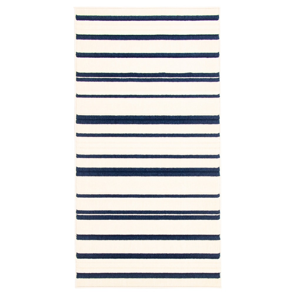 Indoor/ Outdoor Ivory Blue Nsvy Stripes Soft  Rug