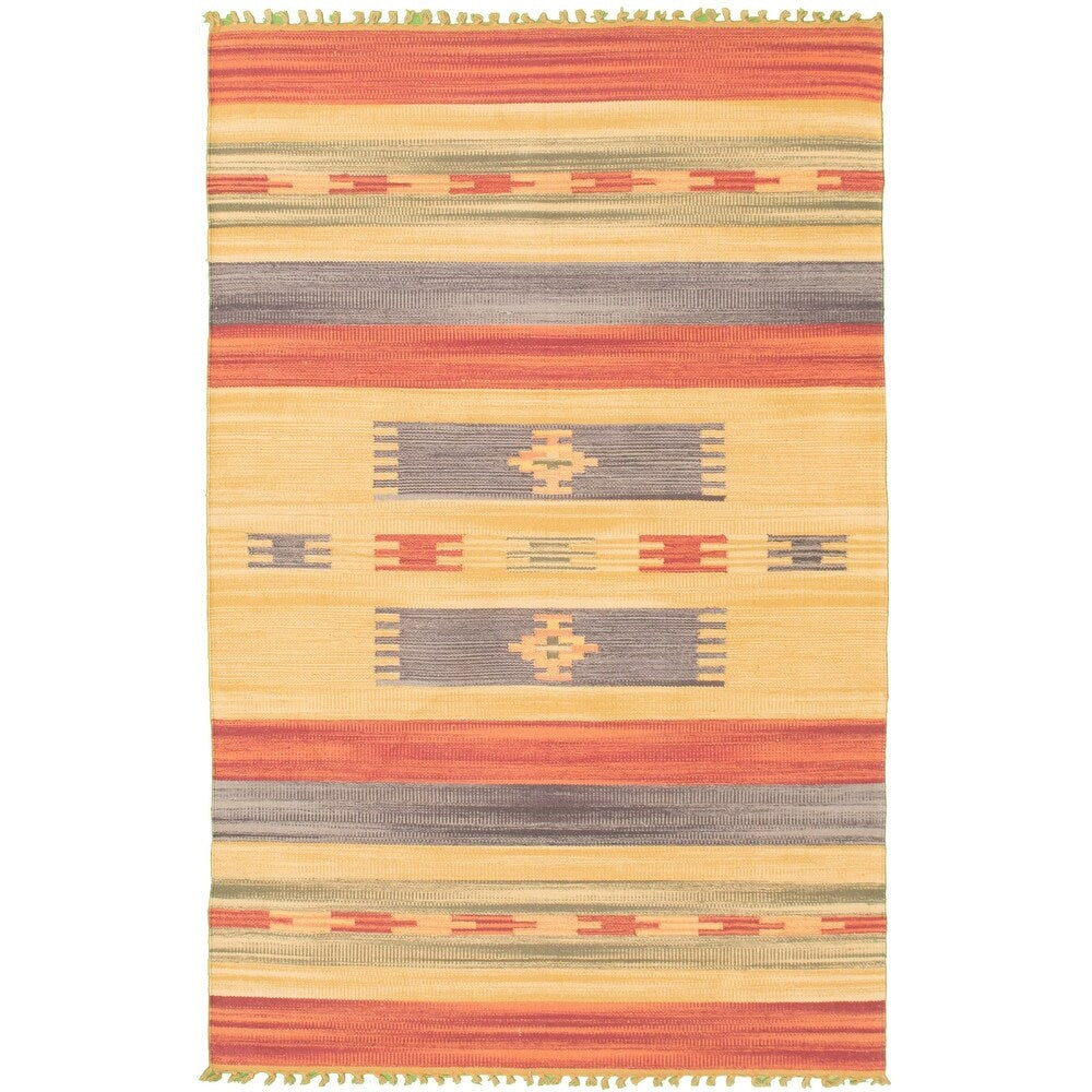 Flat-weave Bold and Colorful Ivory, Red Wool Kilim