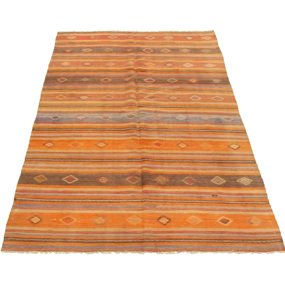 Anne Hathaway Collection Hand Woven Bohemian Orange, Red Wool Kilim Rug
