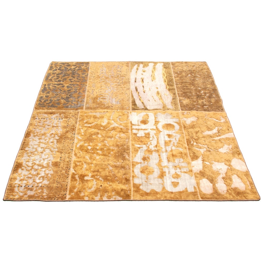 Hand-knotted Color Patchwork Tan Wool Soft Rug